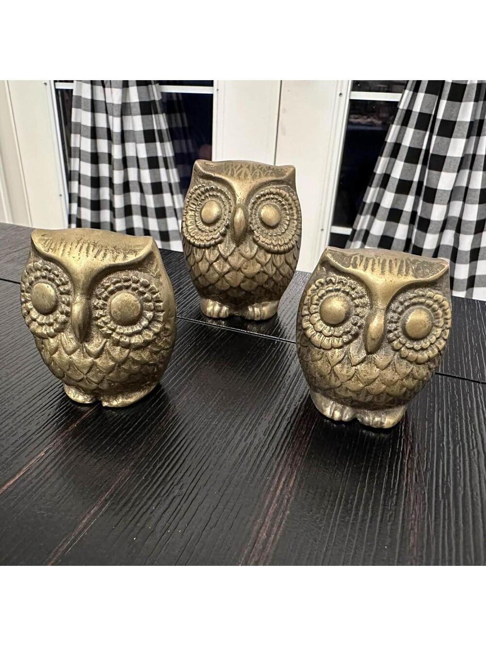 Vintage Brass Graduating Owl Family Set of 3 Figurines Paperweights Hollow VGC